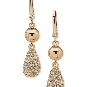 DKNY Gold-Tone Crystal Teardrop Double Drop Earrings Leverback Sparkling Elegant